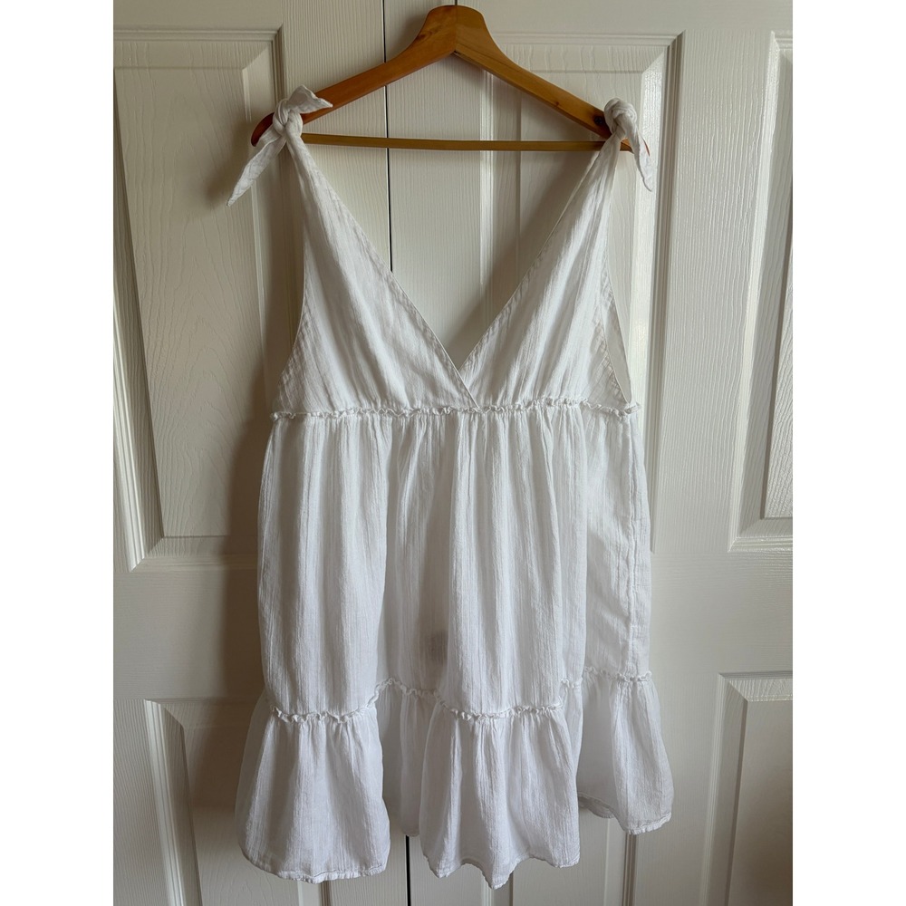 Aerie White Cotton Gauze Tie Strap Tiered Babydoll Mini Dress Large